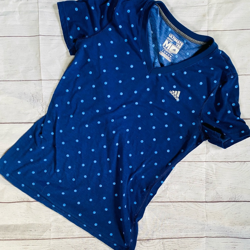 Adidas women’s v neck blue polka dot shirt